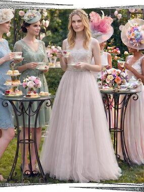 NWOT: Blush / Cashmere Pearl Beaded Lace & Tulle Ballgown with Ribbon Belt